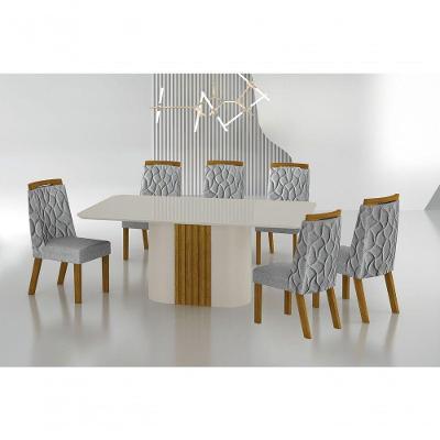 Conjunto Sala De Jantar Mesa Com Vidro 180cm Com 6 Cadeiras Pé Madeira Dacota Off White Freijó/off White/linho Cinza