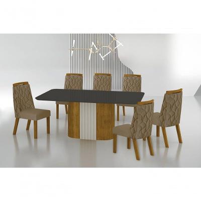 Conjunto Sala De Jantar Mesa Com Vidro 180cm Com 6 Cadeiras Pé Madeira Dacota Freijó Off White/chumbo/joli Camurça