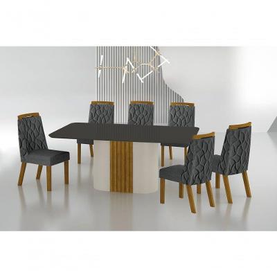 Conjunto Sala De Jantar Mesa Com Vidro 180cm Com 6 Cadeiras Pé Madeira Dacota Off White Freijó/chumbo/linho Chumbo