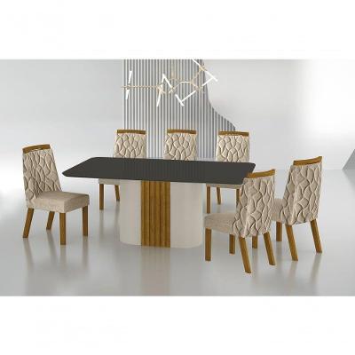 Conjunto Sala De Jantar Mesa Com Vidro 180cm Com 6 Cadeiras Pé Mdf Dacota Off White Freijó/chumbo/linho Palha