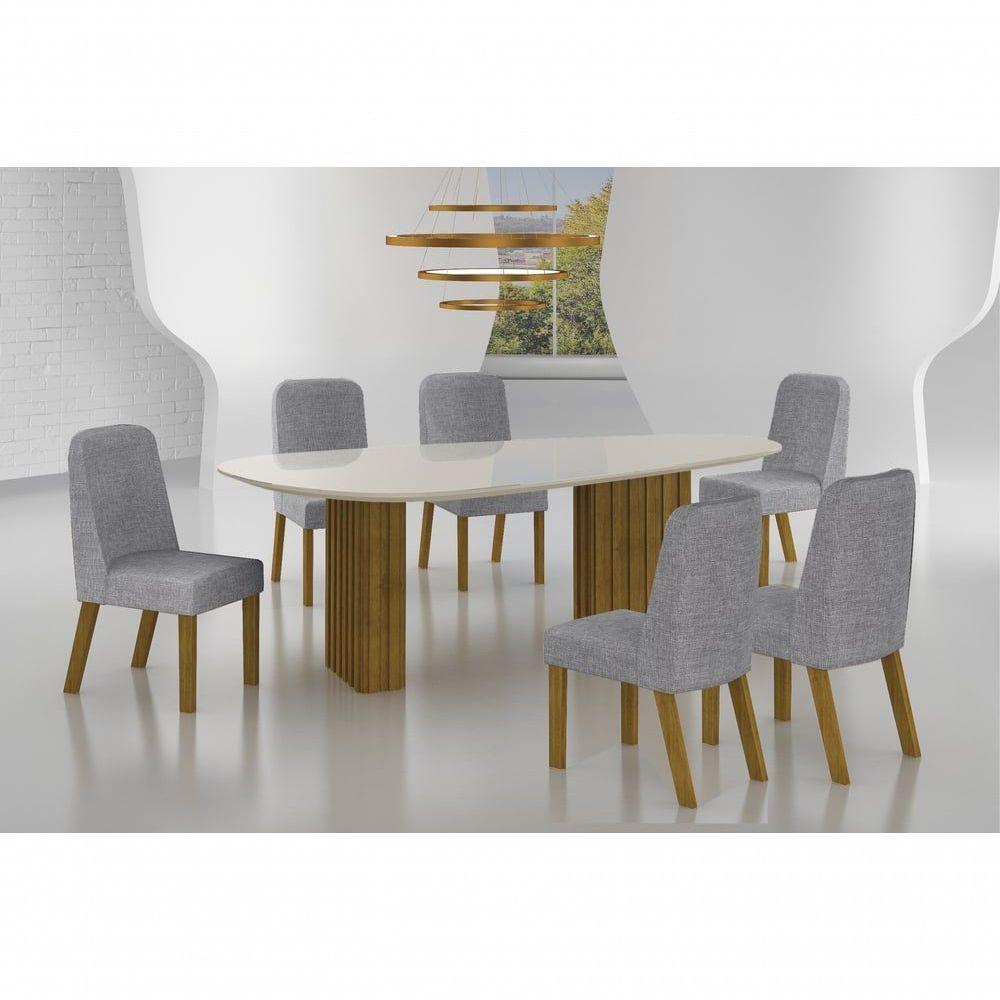 Conjunto Sala De Jantar Mesa Orgânica Com Vidro 180cm Com 6 Cadeiras Pé Madeira Isis Freijó/off White/linho Cinza - 6
