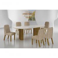 Conjunto Sala De Jantar Mesa Orgânica Com Vidro 200cm Com 6 Cadeiras Pé Madeira Isis Freijó/off White/linho Palha - 6