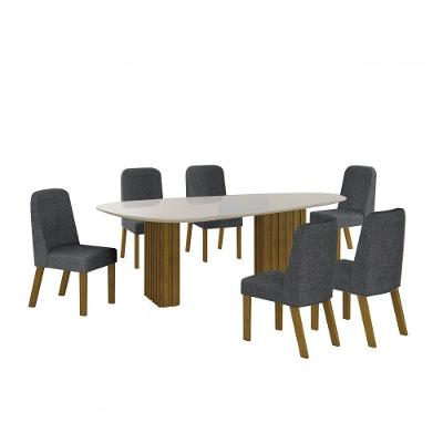 Conjunto Sala De Jantar Mesa Orgânica Com Vidro 200cm Com 6 Cadeiras Pé Mdf Isis Freijó/off White/linho Chumbo