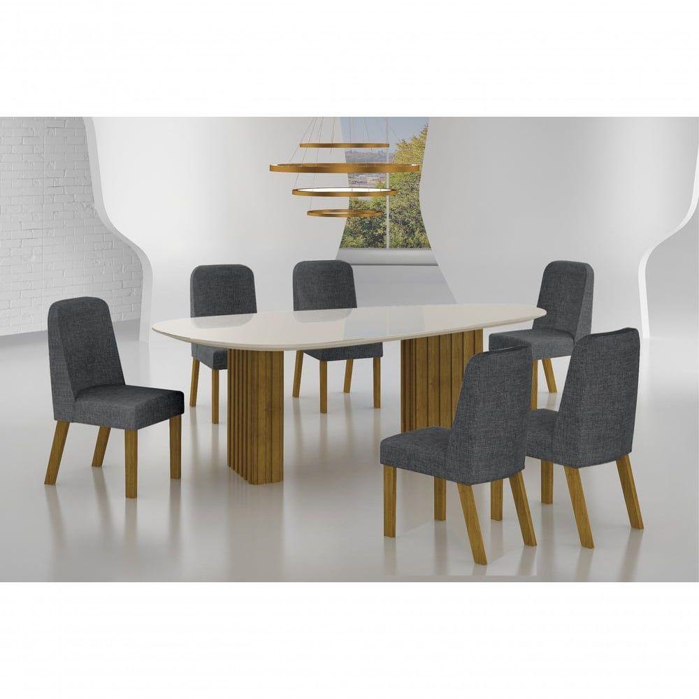 Conjunto Sala De Jantar Mesa Orgânica Com Vidro 180cm Com 6 Cadeiras Pé Madeira Isis Freijó/off White/linho Chumbo - 2
