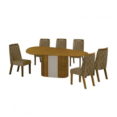 Conjunto Sala De Jantar Mesa Orgânica Sem Vidro 200cm Com 6 Cadeiras Pé Mdf Dacota Freijó Off White/freijó/joli Camurça