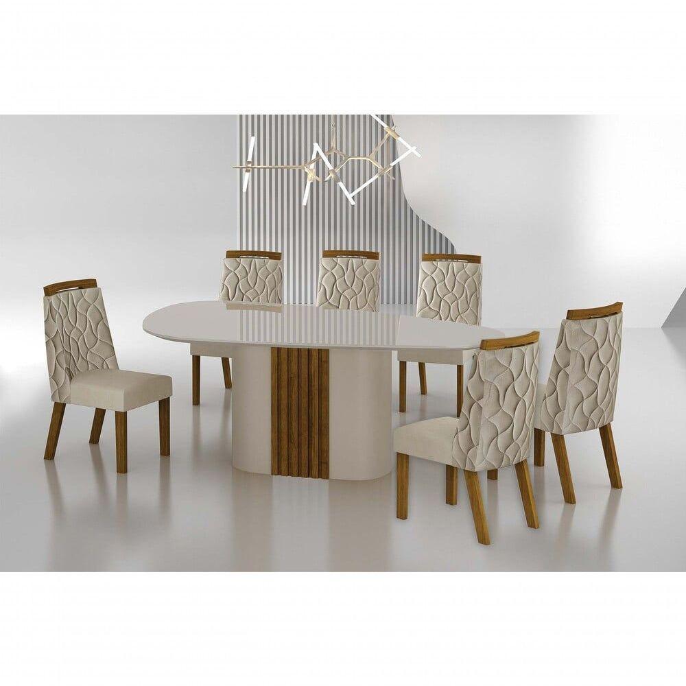 Conjunto Sala De Jantar Mesa Orgânica Com Vidro 200cm Com 6 Cadeiras Pé Mdf Dacota Off White Freijó/off White/joli Palha - 7