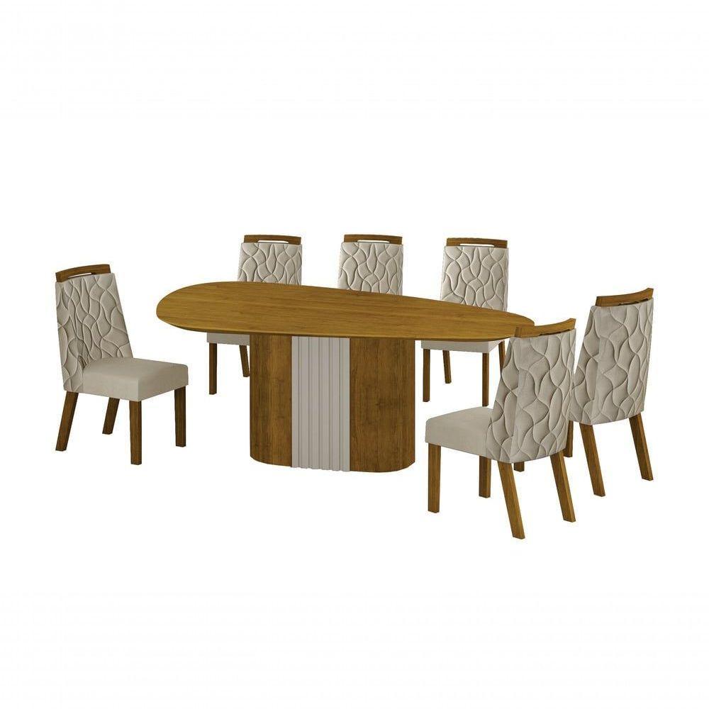 Conjunto Sala De Jantar Mesa Orgânica Sem Vidro 200cm Com 6 Cadeiras Pé Mdf Dacota Freijó Off White/freijó/joli Palha - 1