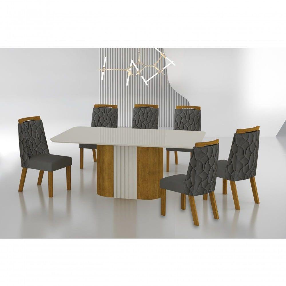 Conjunto Sala De Jantar Mesa Com Vidro 180cm Com 6 Cadeiras Pé Mdf Dacota Freijó Off White/off White/joli Chumbo - 1
