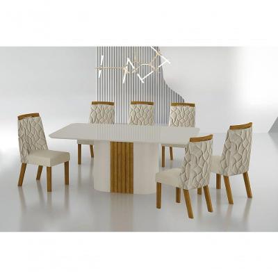 Conjunto Sala De Jantar Mesa Com Vidro 180cm Com 6 Cadeiras Pé Mdf Dacota Off White Freijó/off White/joli Palha