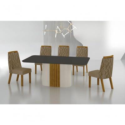 Conjunto Sala De Jantar Mesa Com Vidro 180cm Com 6 Cadeiras Pé Mdf Dacota Off White Freijó/chumbo/joli Camurça