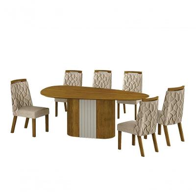 Conjunto Sala De Jantar Mesa Orgânica Sem Vidro 200cm Com 6 Cadeiras Pé Mdf Dacota Freijó Off White/freijó/linho Palha