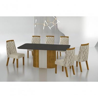 Conjunto Sala De Jantar Mesa Com Vidro 180cm Com 6 Cadeiras Pé Madeira Dacota Freijó Off White/chumbo/joli Palha