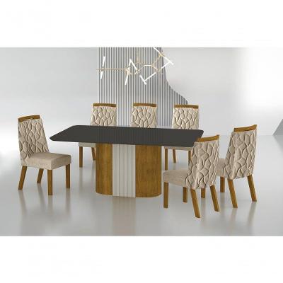Conjunto Sala De Jantar Mesa Com Vidro 180cm Com 6 Cadeiras Pé Madeira Dacota Freijó Off White/chumbo/linho Palha