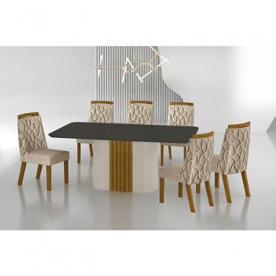 Conjunto Sala De Jantar Mesa Com Vidro 180cm Com 6 Cadeiras Pé Madeira Dacota Off White Freijó/chumbo/linho Palha