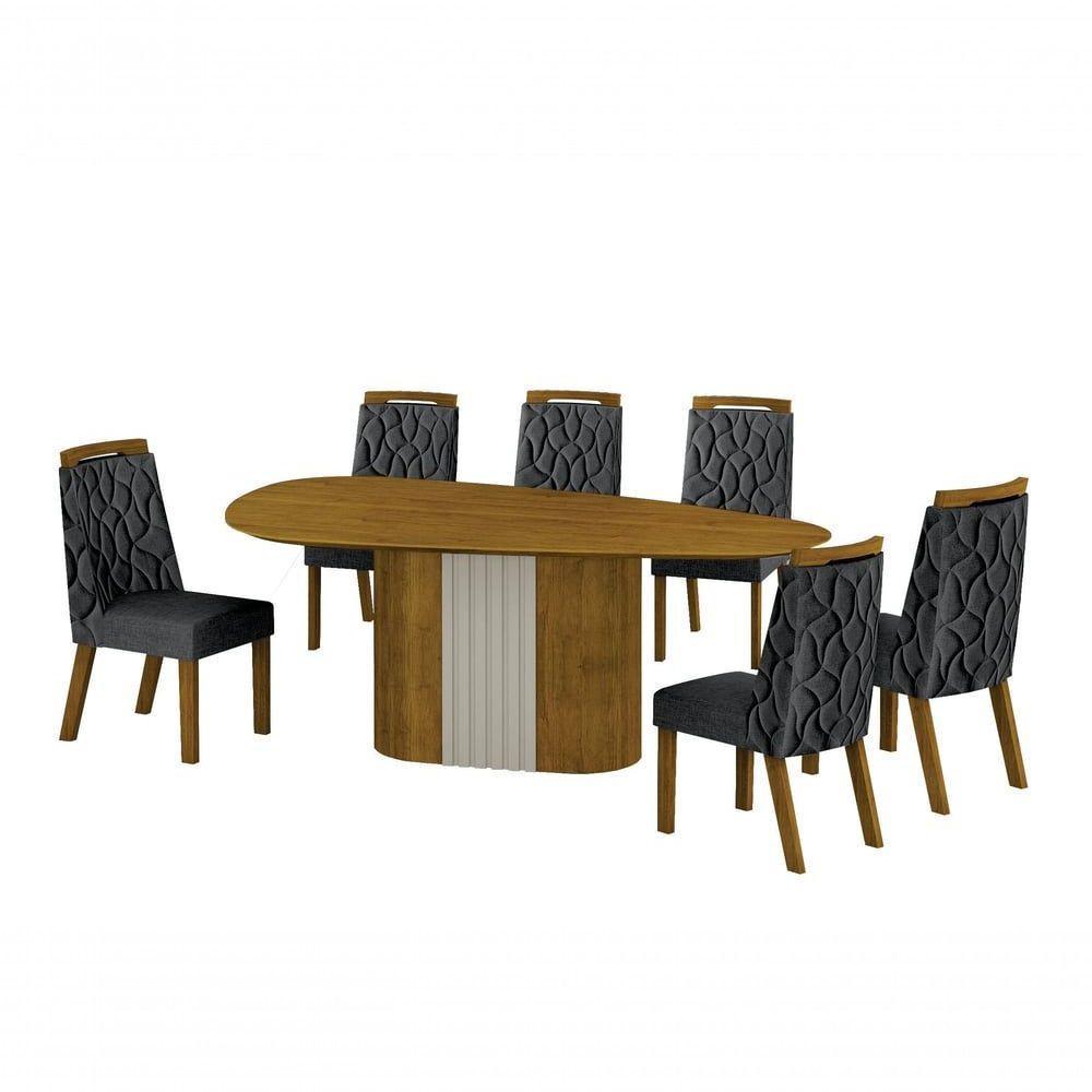 Conjunto Sala De Jantar Mesa Orgânica Sem Vidro 200cm Com 6 Cadeiras Pé Mdf Dacota Freijó Off White/freijó/linho Chumbo - 1