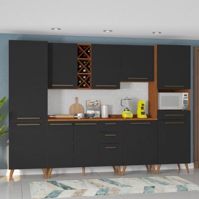 Armário de Cozinha Completa Favorita 10 Portas 4 Gavetas MDF 297cm Preto Nature