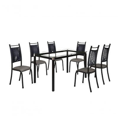 Conjunto Chicago 06 Cadeiras Com Base Tocantins Bm Tubulares Vidro Incolor-ratan Preto-courino 124