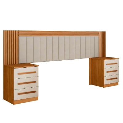 Cabeceira Valência Estofada Ripada E 2 Mesas De Cabeceiras Benetil Cinamomo-off White