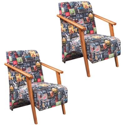 Kit 2 Poltronas Venus Retro Bar 107 Braço Madeira Maciça Tecido Suede Unidecor