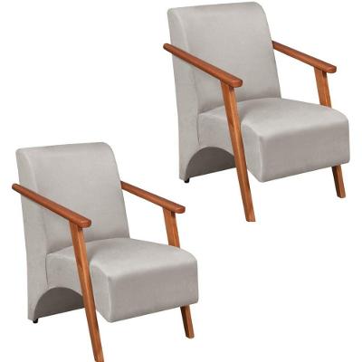 Kit 2 Poltronas Venus 1 Lugar Braço Madeira Maciça Suede Bege Unidecor