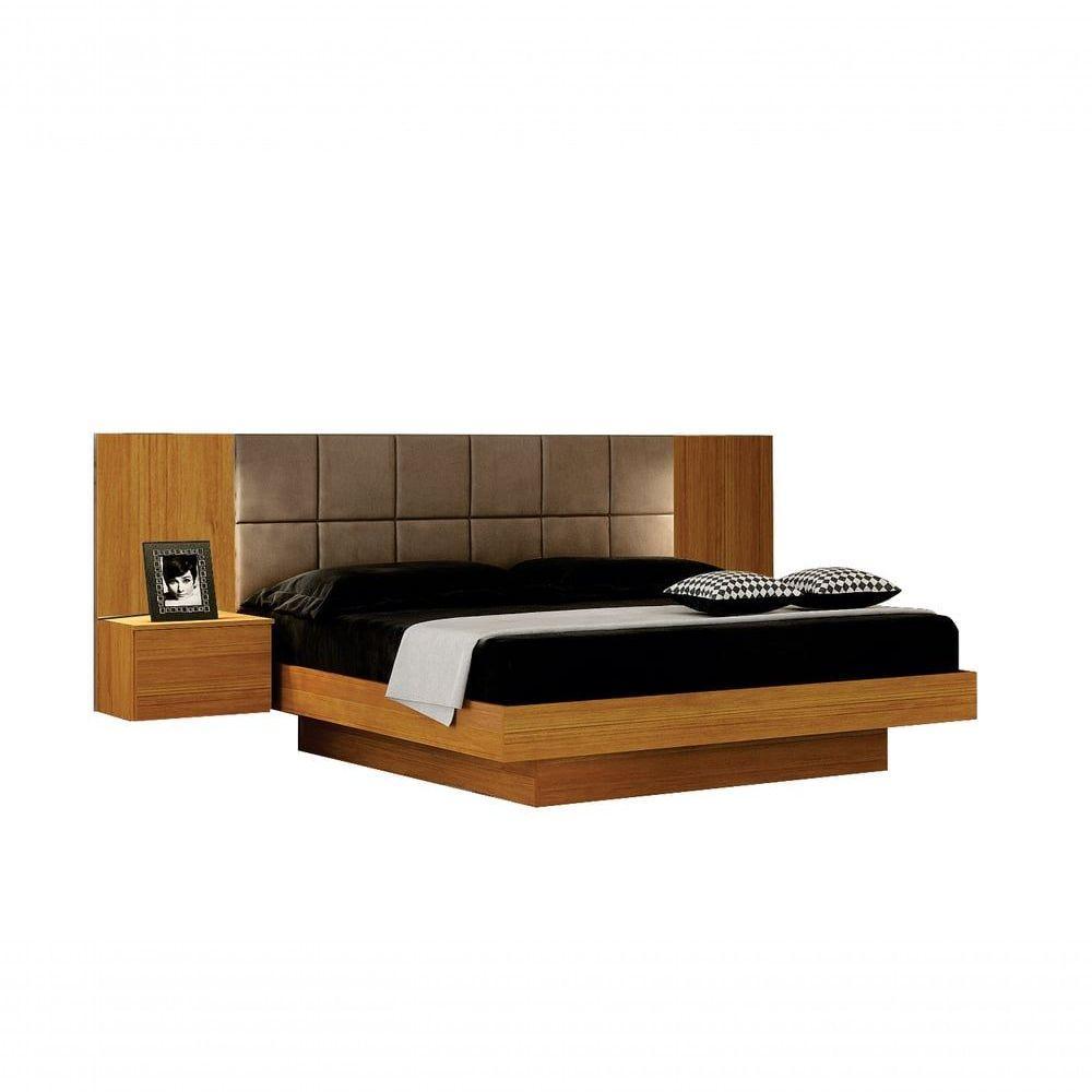 Cama De Casal Queen Size Braga Com Mesa De Cabeceira E Painel Almofadado Leifer Moveis Cinamomo,joli Camurça - 1