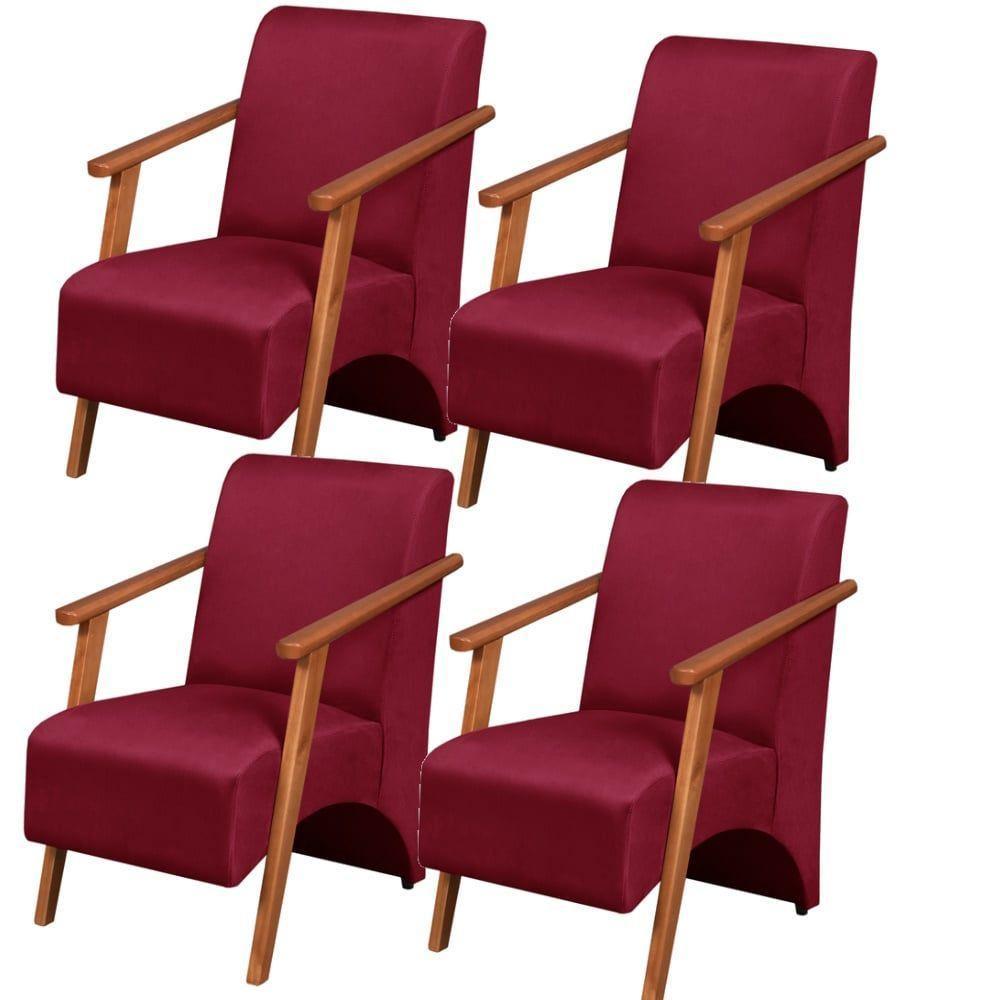 Kit 4 Poltronas Venus 1 Lugar Braço Madeira Maciça Tecido Suede Unidecor Bordô - 1
