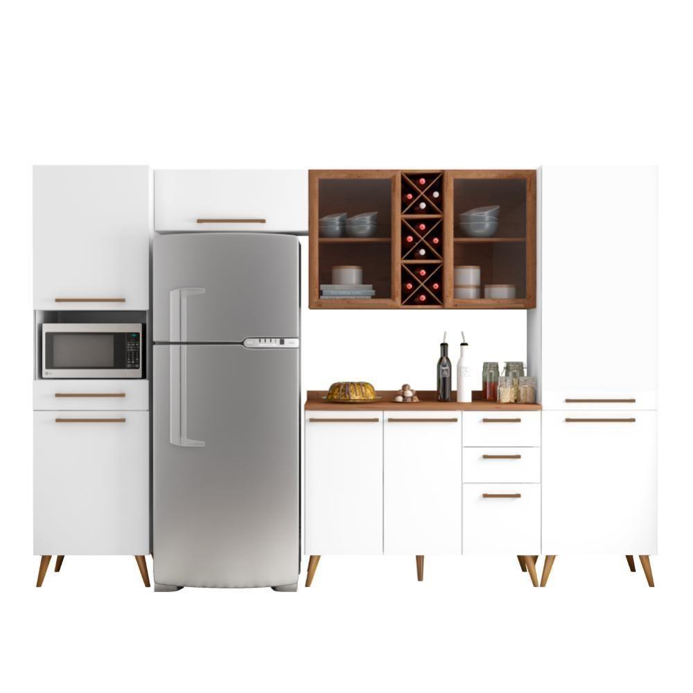 Armário De Cozinha Completa Vidro Reflecta Com Adega 9 Portas 4 Gavetas Favorita Branco / Nature Nature - 1