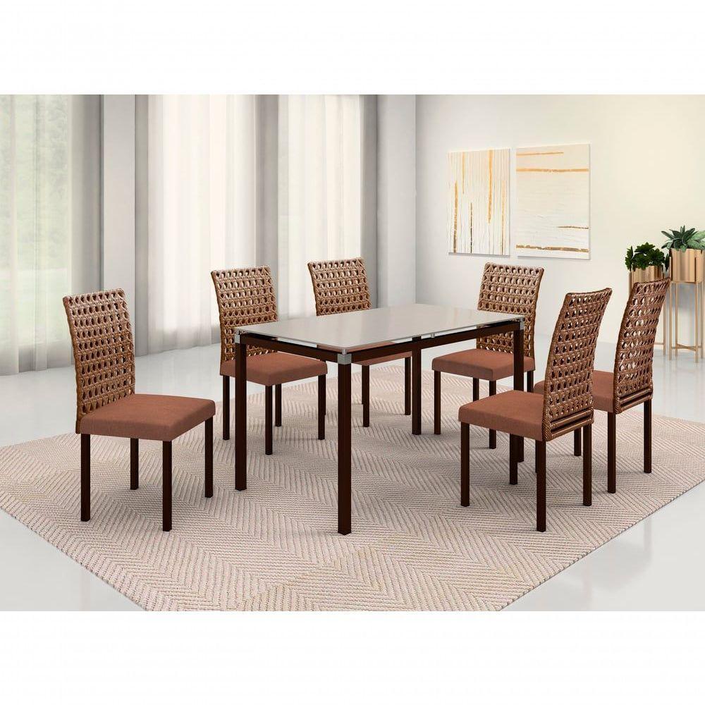 Conjunto De Jantar Lisboa Com 6 Cadeiras E Mesa Retangular Tocantins Bm Tubulares Off White-ratan Chocolate-linho 307 - 6