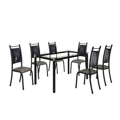 Conjunto Chicago 06 Cadeiras Com Base Tocantins Bm Tubulares Vidro Incolor-ratan Preto-courino 124