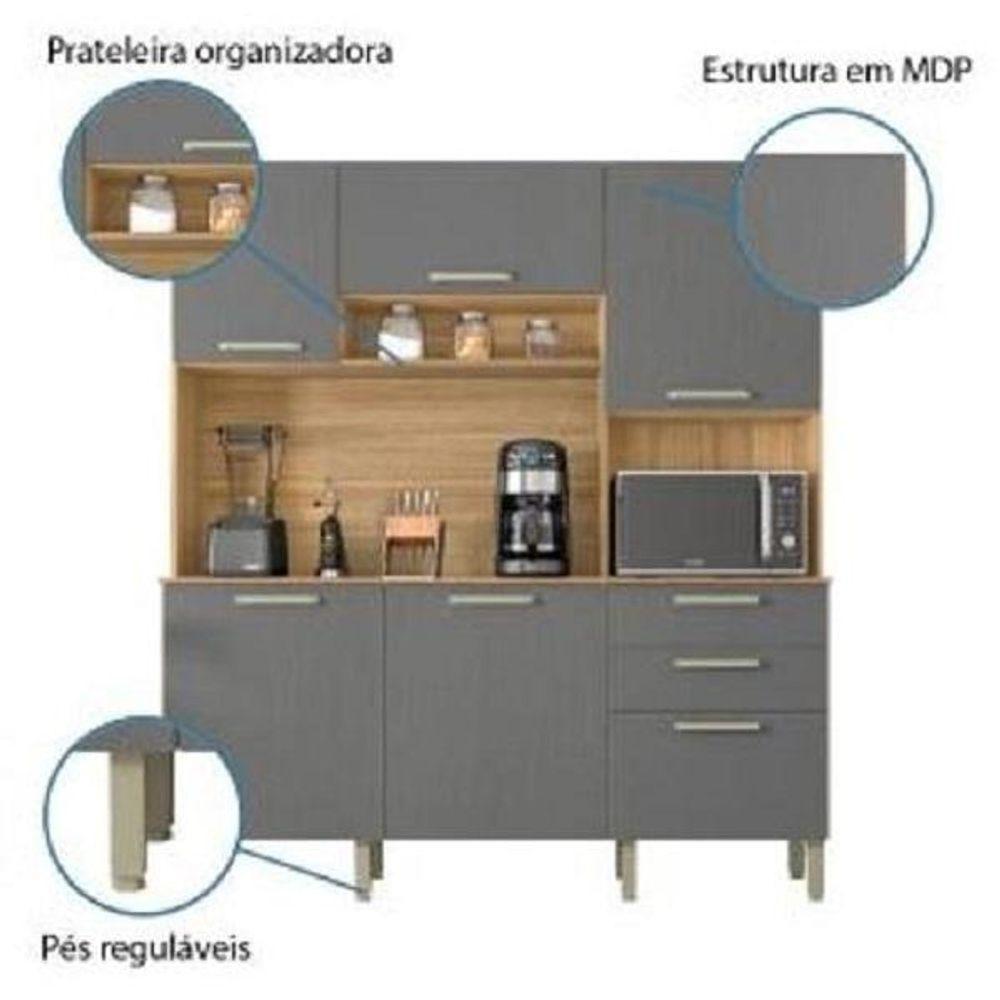 Armário De Cozinha Completa Ferrara 6 Portas 1 Gaveta Freijó / Grafite Freijo Cinza - 3