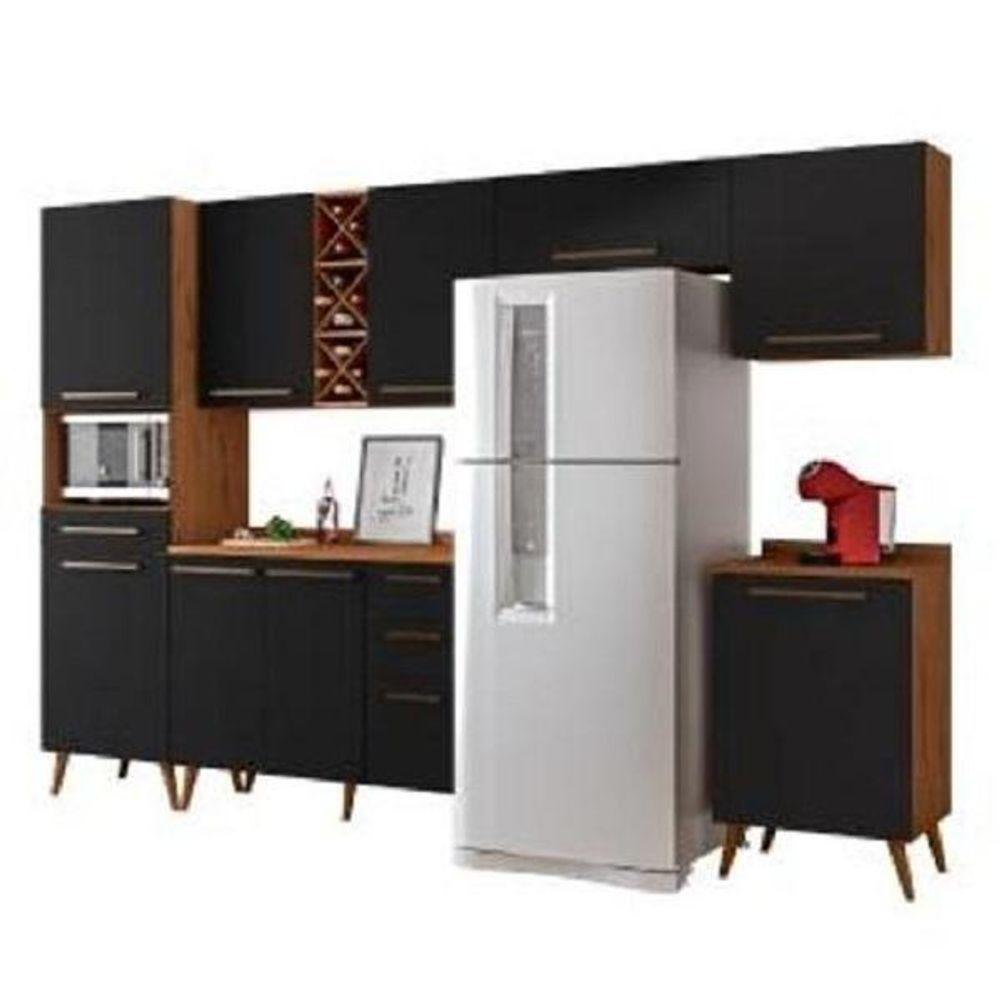 Armário De Cozinha Completa Com Adega 9 Portas 4 Gavetas Favorita Natura / Preto Preto e - 1