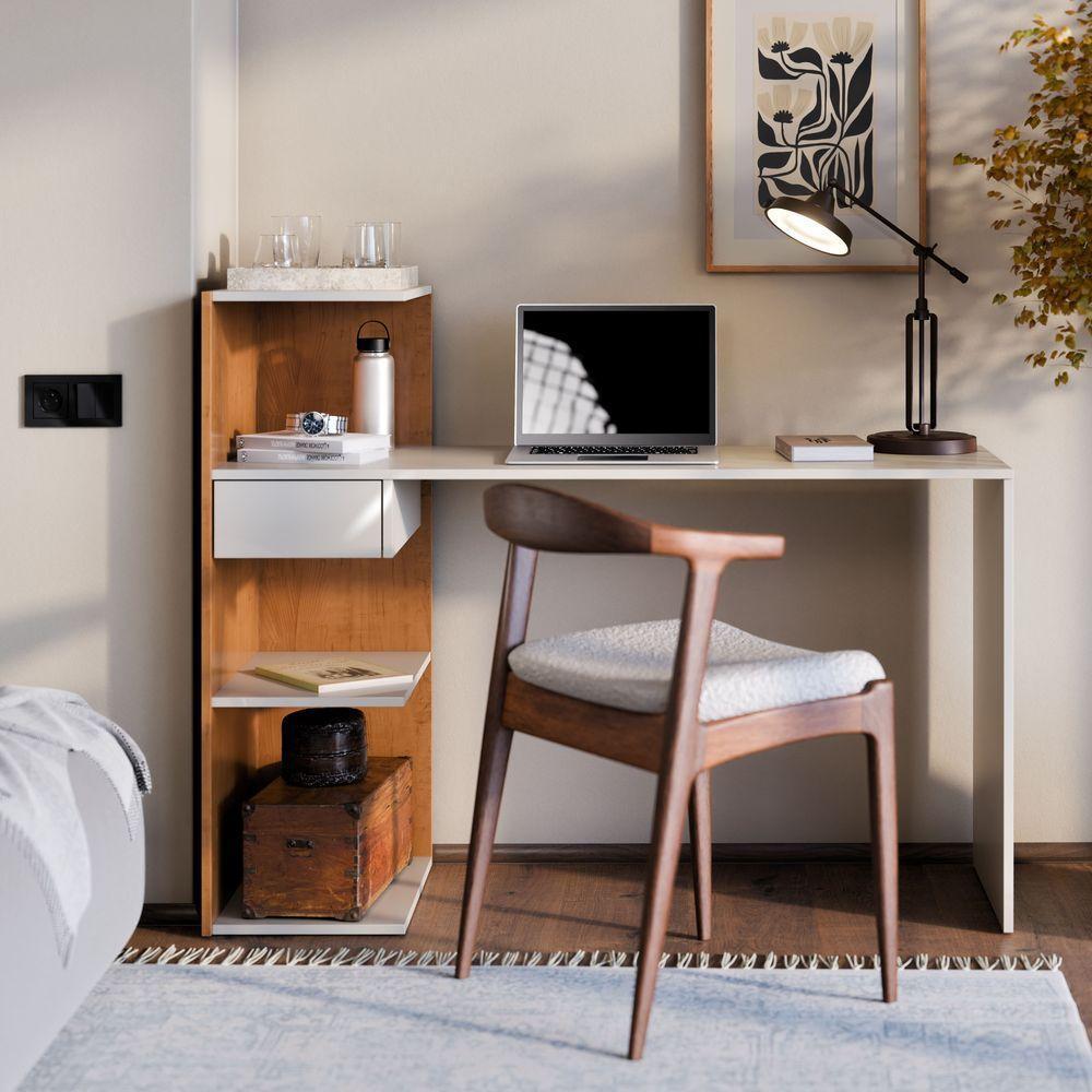 Mesa Escrivaninha Euro Para Home Office E Quarto Com Gaveta E Prateleiras Canela Branco - 1