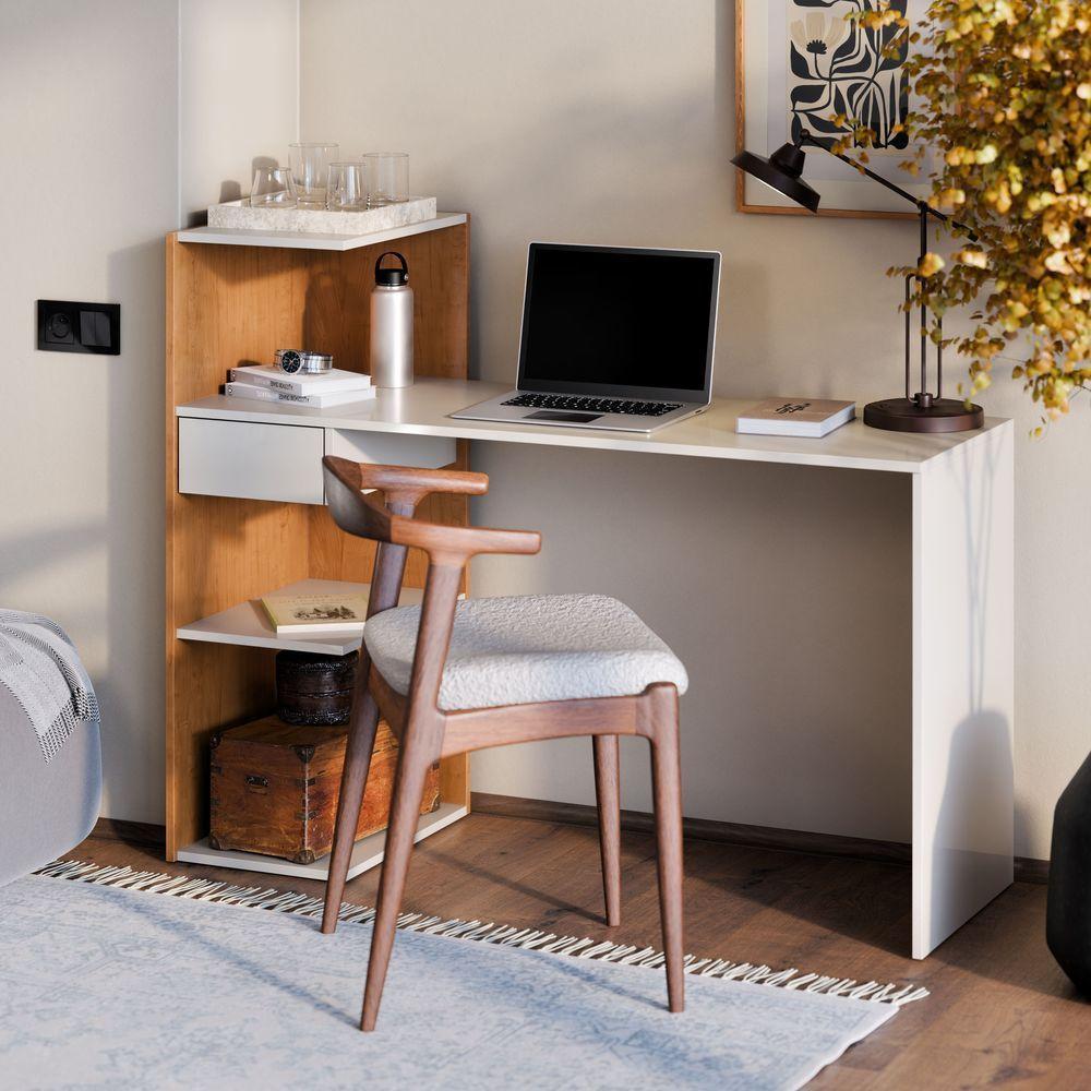 Mesa Escrivaninha Euro Para Home Office E Quarto Com Gaveta E Prateleiras Canela Branco - 2