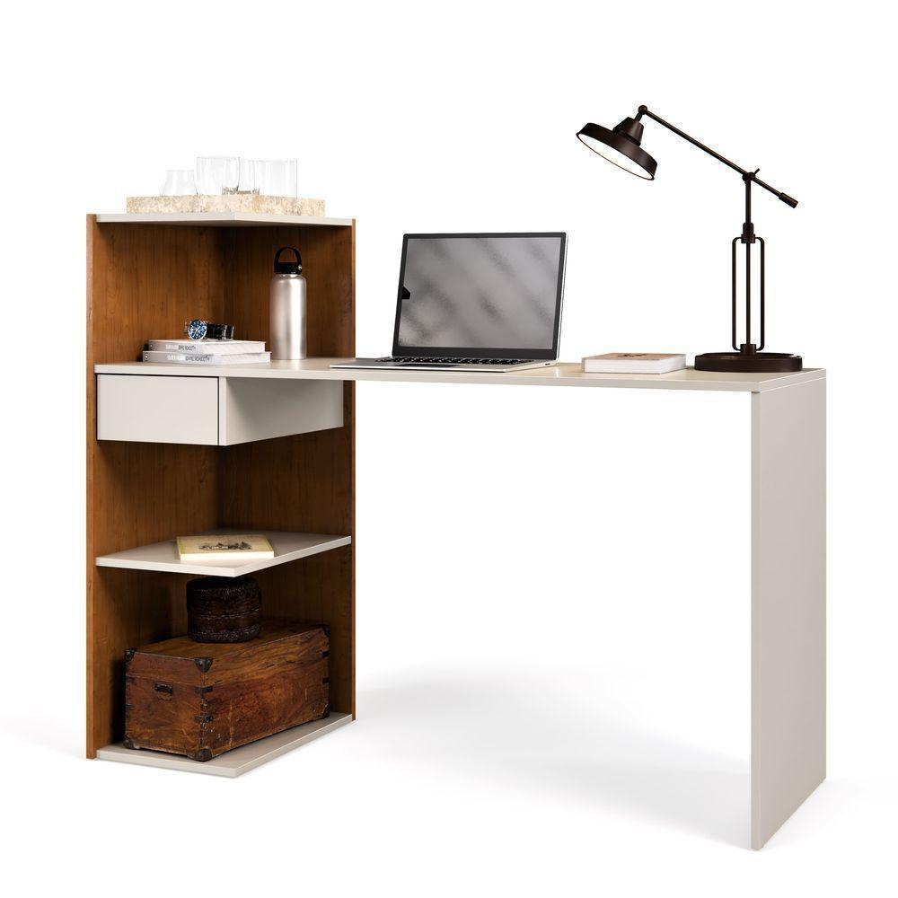 Mesa Escrivaninha Euro Para Home Office E Quarto Com Gaveta E Prateleiras Canela Branco - 3