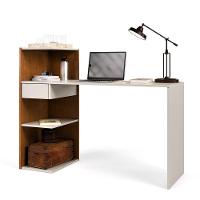 Mesa Escrivaninha Euro Para Home Office E Quarto Com Gaveta E Prateleiras Canela Branco - 3