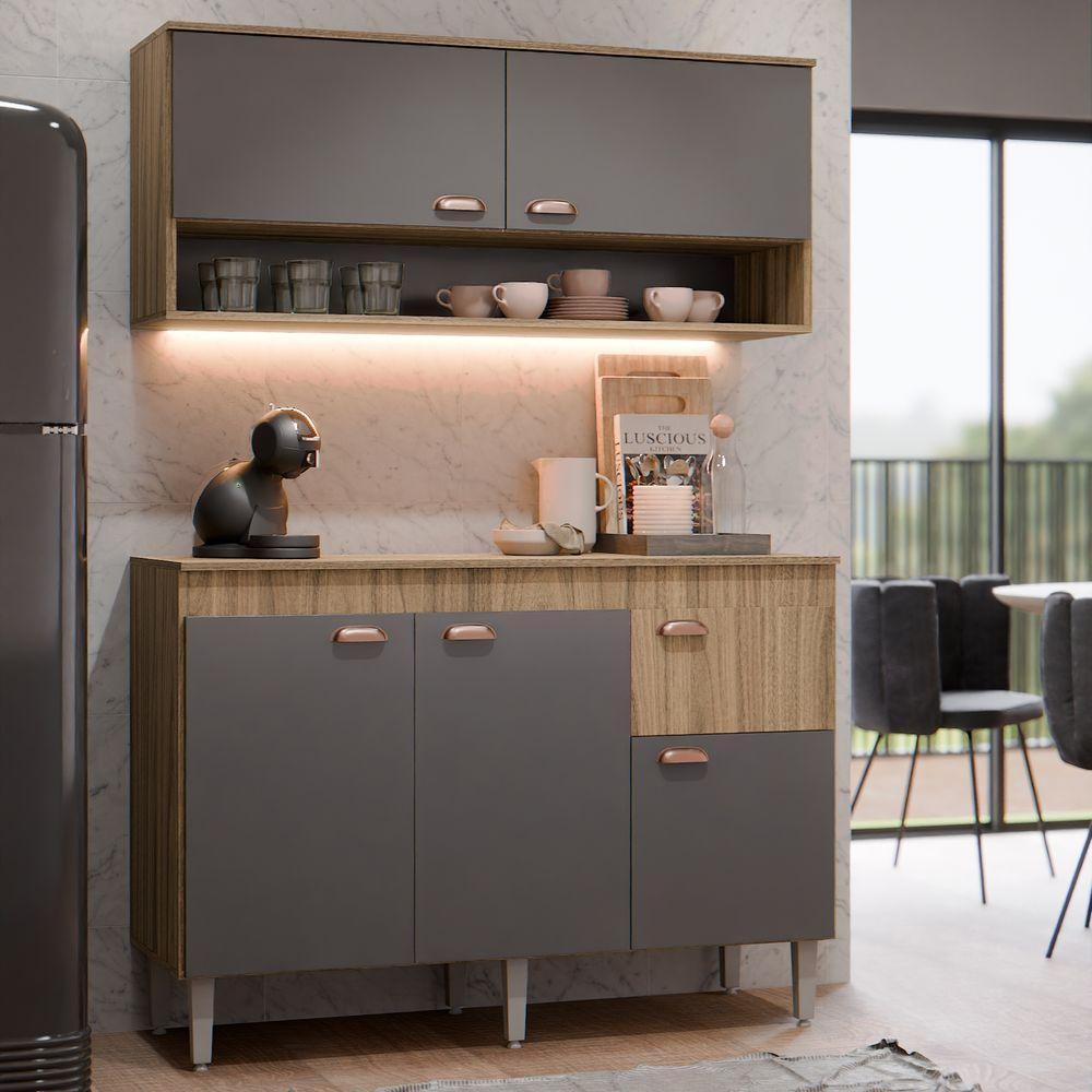 Kit Armário De Cozinha Aéreo E Bancada Completo Com 5 Portas E 1 Gaveta Carvalho Grafite - 1