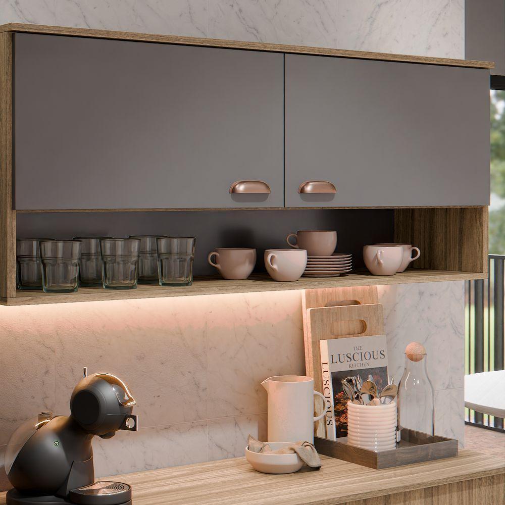 Kit Armário De Cozinha Aéreo E Bancada Completo Com 5 Portas E 1 Gaveta Carvalho Grafite - 2