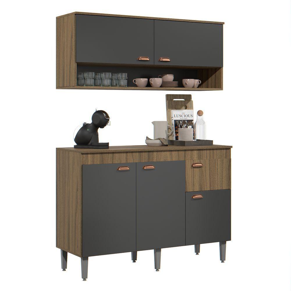 Kit Armário De Cozinha Aéreo E Bancada Completo Com 5 Portas E 1 Gaveta Carvalho Grafite - 5