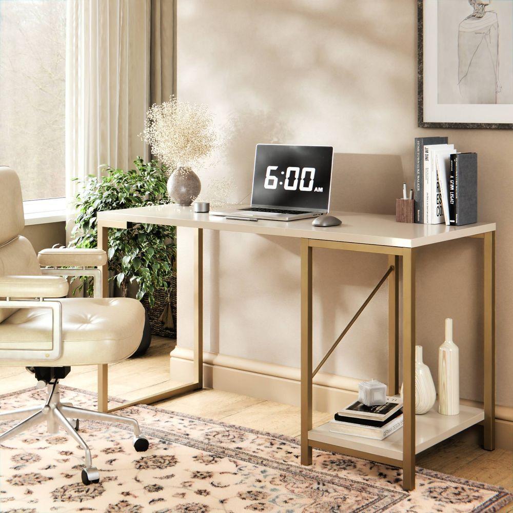 Mesa Escrivaninha Home Office Tokyo Compacta Estilo Industrial Para Computador Dourado Off - 1