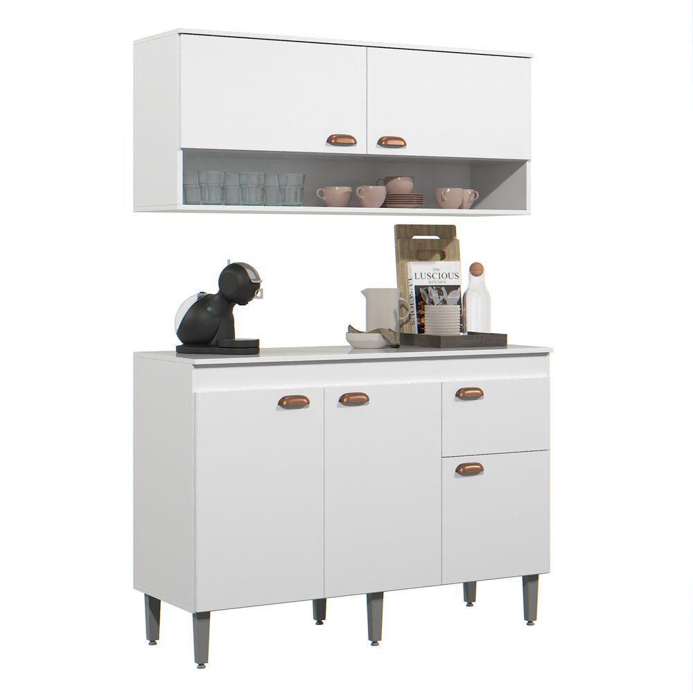 Kit Armário De Cozinha Aéreo E Bancada Completo Com 5 Portas E 1 Gaveta Branco - 5
