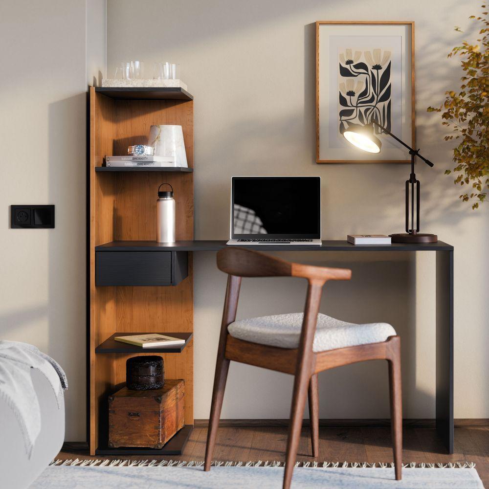 Escrivaninha Infinity Home Office Funcional Com Gaveta E Prateleiras Moderna Para Escritório E Estudo Canela Preto - 1