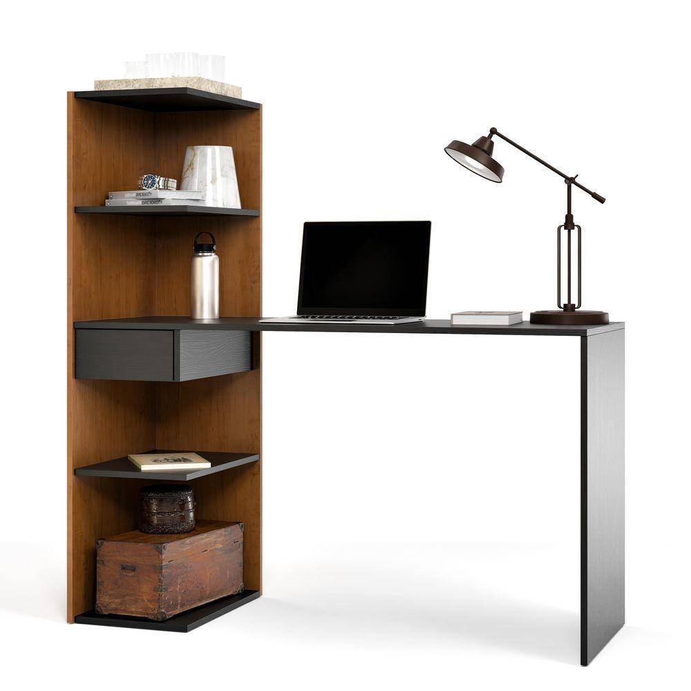 Escrivaninha Infinity Home Office Funcional Com Gaveta E Prateleiras Moderna Para Escritório E Estudo Canela Preto - 4