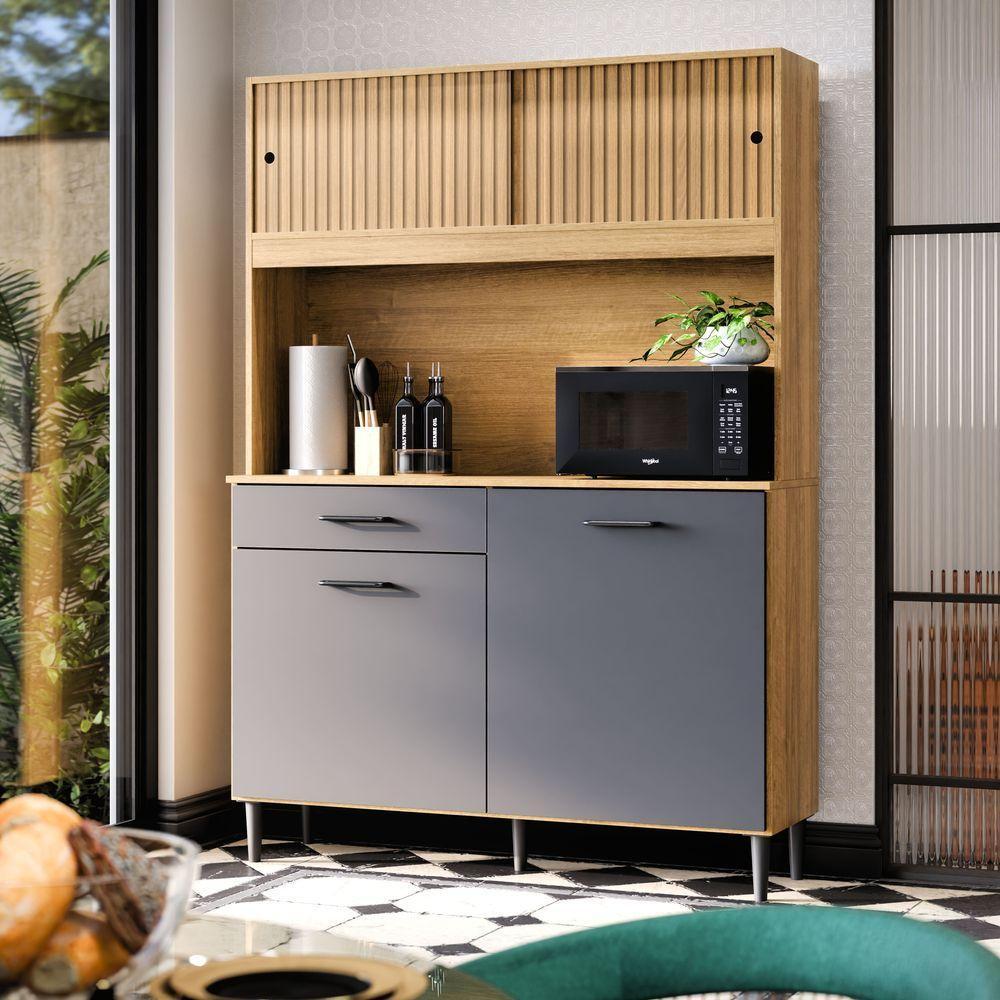 Armário De Cozinha Grazi Compacta Com 4 Portas E 1 Gaveta Ripado Grafite - 1