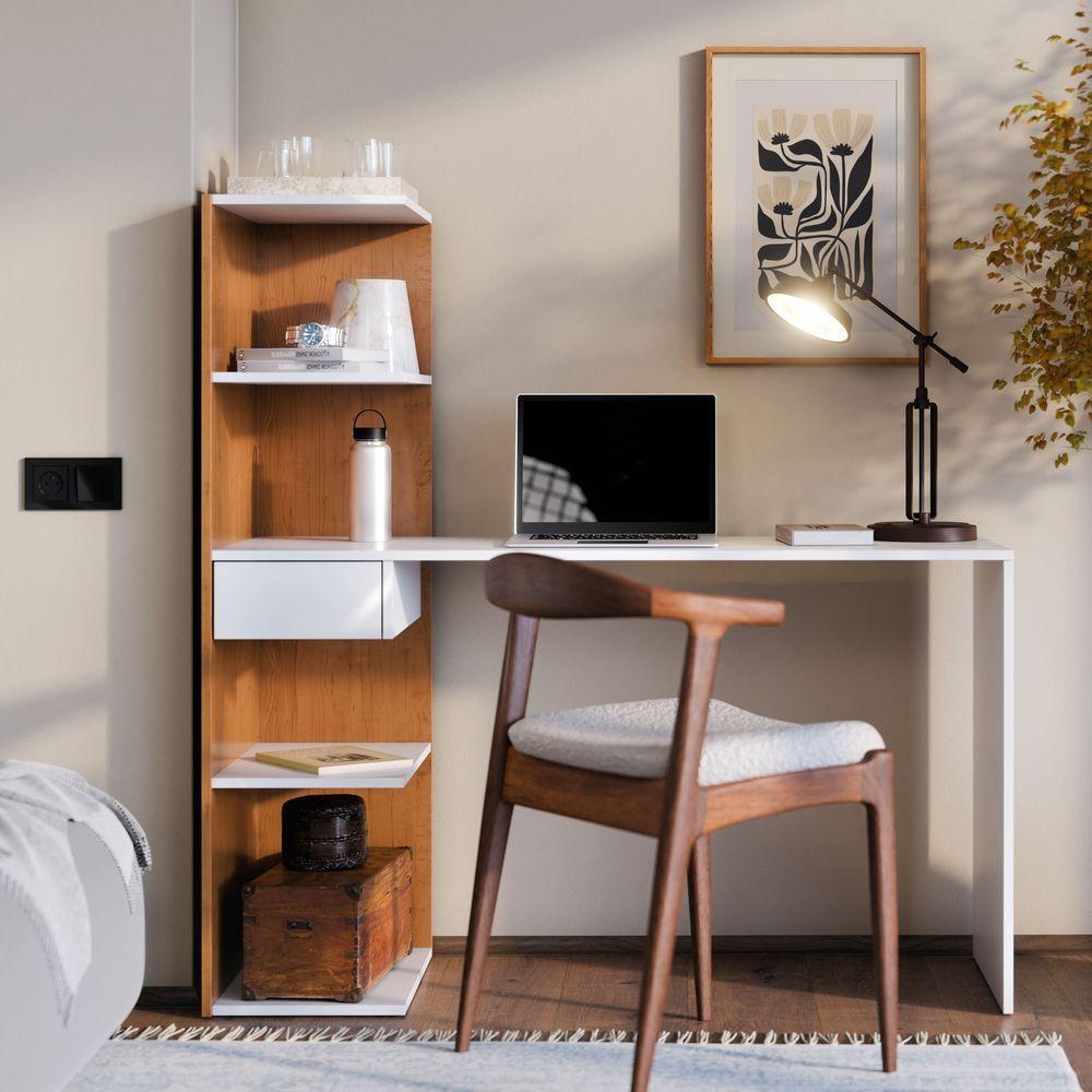 Escrivaninha Infinity Home Office Funcional Com Gaveta E Prateleiras Moderna Para Escritório E Estudo Branco Canela - 1
