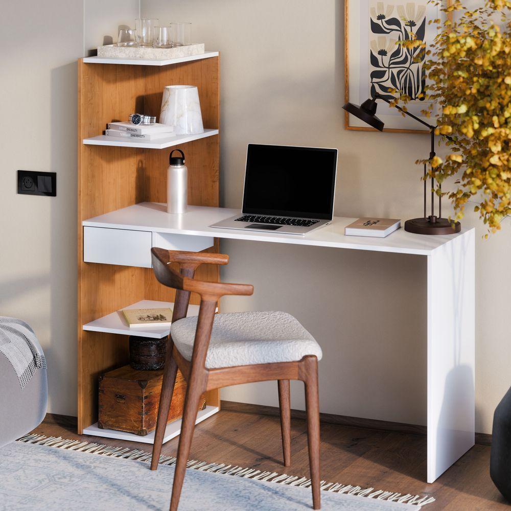 Escrivaninha Infinity Home Office Funcional Com Gaveta E Prateleiras Moderna Para Escritório E Estudo Branco Canela - 2