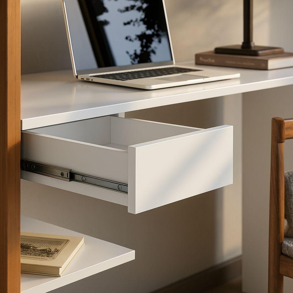 Escrivaninha Infinity Home Office Funcional Com Gaveta E Prateleiras Moderna Para Escritório E Estudo Branco Canela - 3
