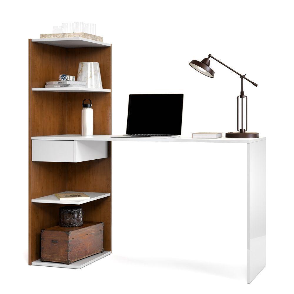 Escrivaninha Infinity Home Office Funcional Com Gaveta E Prateleiras Moderna Para Escritório E Estudo Branco Canela - 4