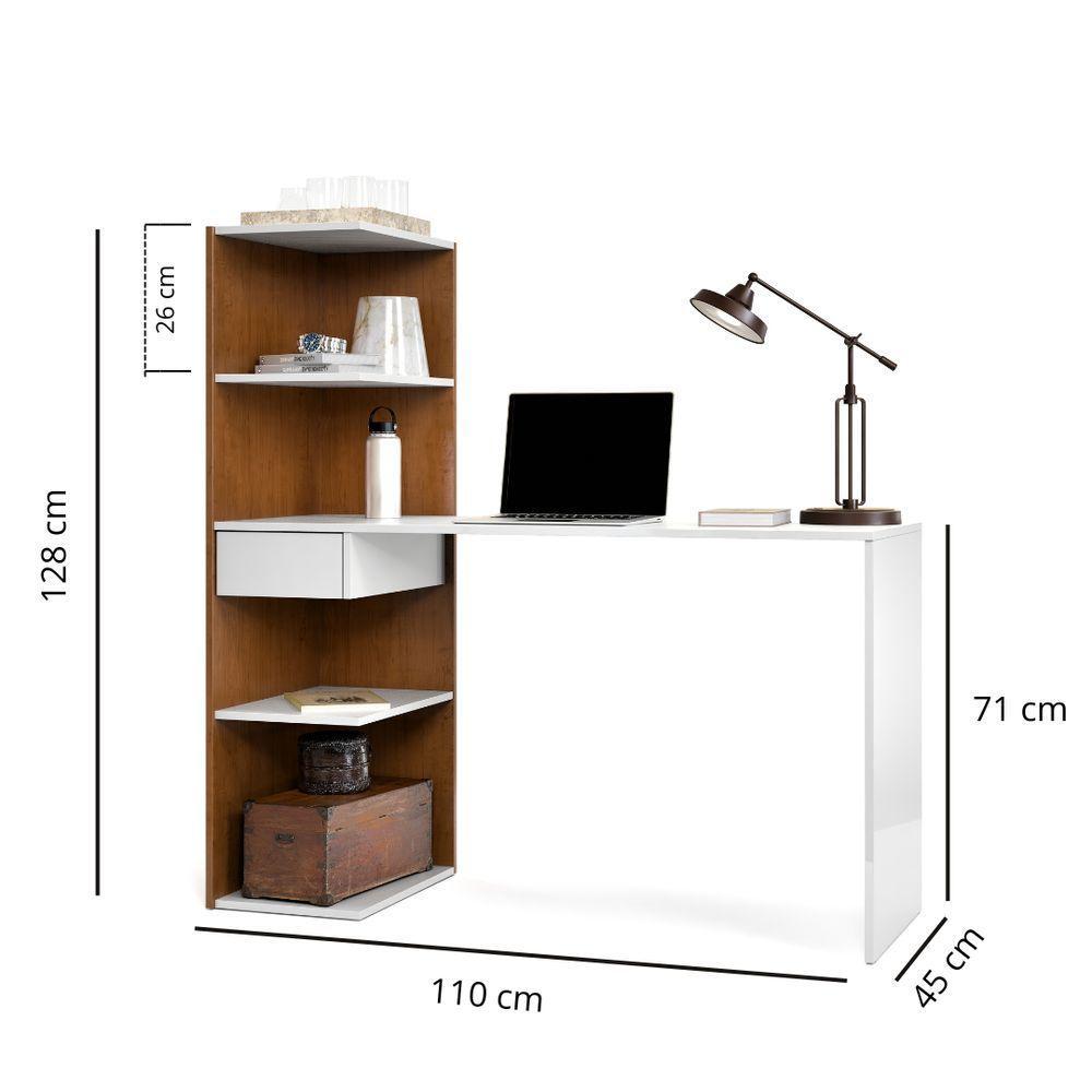 Escrivaninha Infinity Home Office Funcional Com Gaveta E Prateleiras Moderna Para Escritório E Estudo Branco Canela - 5