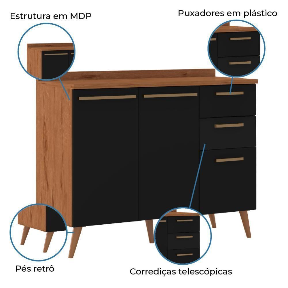 Balcão De Cozinha 2 Portas E 3 Gavetas Com Tampo 1,20m Favorita Natura / Preto Preto Naturale - 3