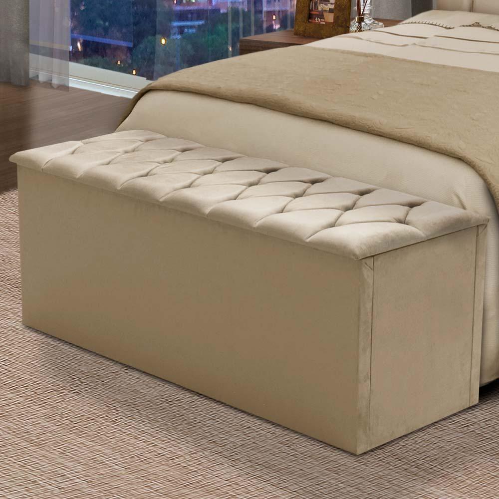 Calçadeira Com Baú Estofado Istambul Dobuê Bege 1,60m Suede Bege - 3